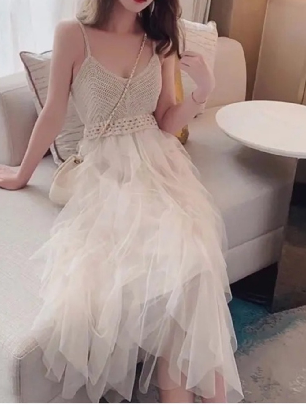 Boutique Crochet Ruffle Mesh Fairy🧚💕 Sundress Beach 🏝️Cream NWOT Sz M🎀FIRM $72